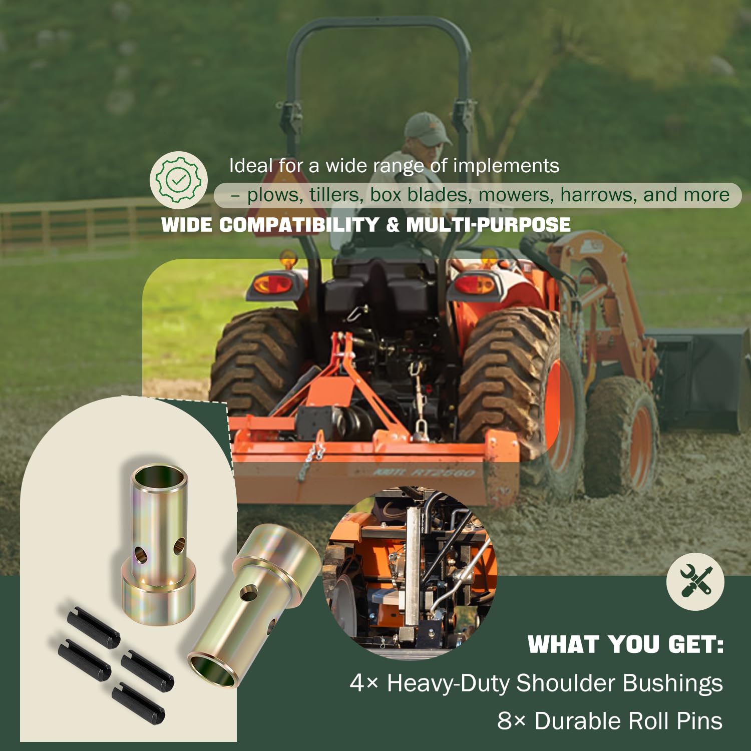 2 Pares de bujes adaptadores de Enganche rápido Cat 2, Aptos para Tractores de Enganche rápido de categoría II de 3 Puntos con pasadores de Rodillo