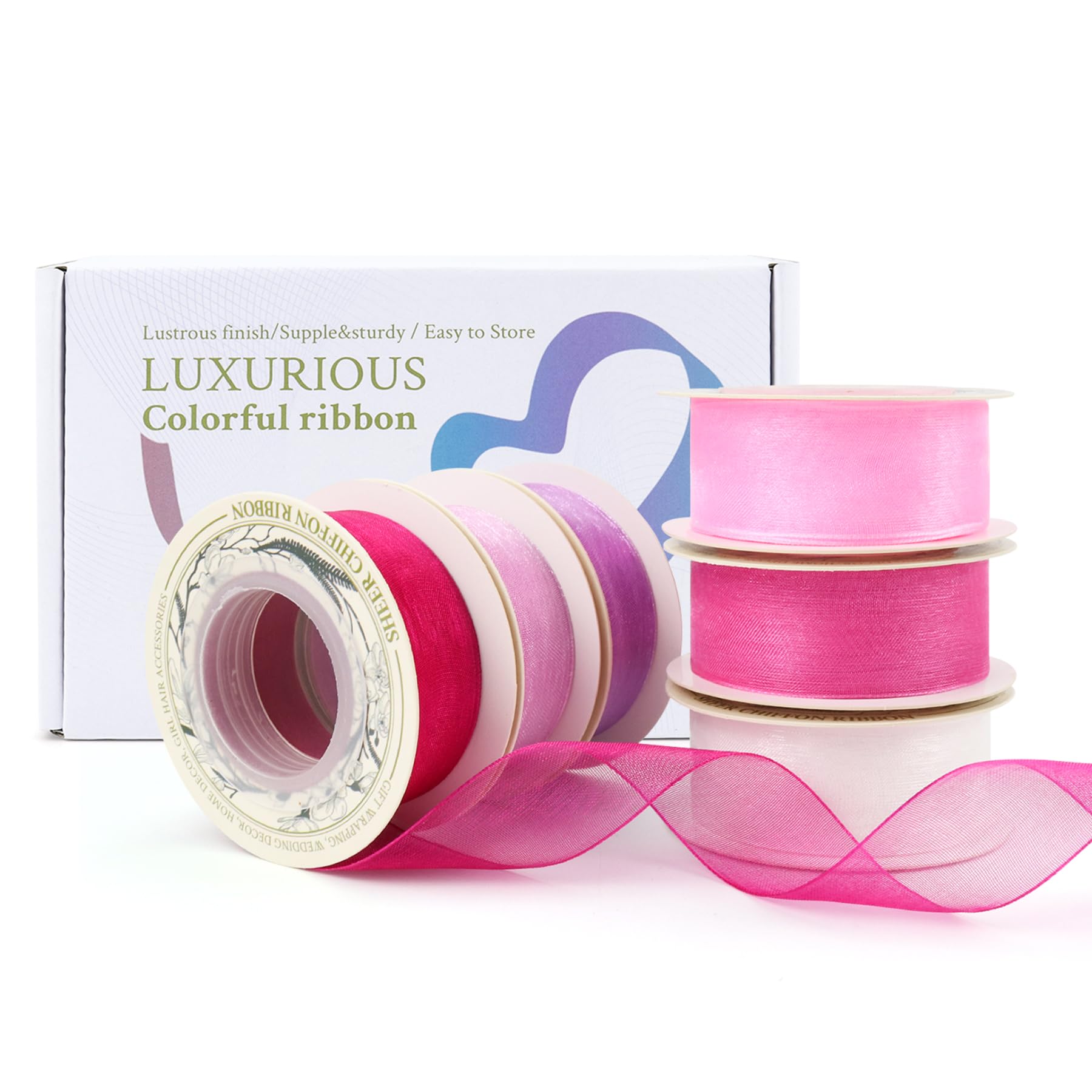6-Roll Sheer Organza Ribbon 1" x10yd, Mixed Colours, Satin Hem