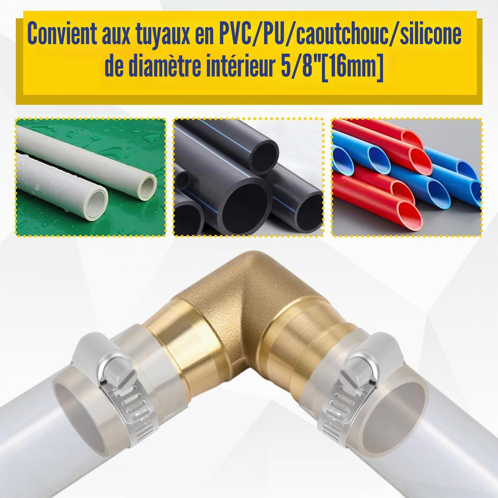 LEONTOOL Kit de 2 Raccords Coude à 90° Laiton 5/8" avec 4 Colliers Inox, Jonction Angled Barbelée pour Tuyau Résistante aux Fuites pour Carburant, Air, Eau, Huile (16mm)