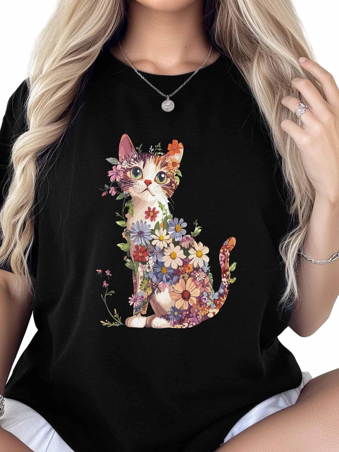Graphic T Shirts for Women, Abstract Cat Wildflowers Cotton Tees Short Sleeve Crewneck Summer Gym Casual Tops - Image 2
