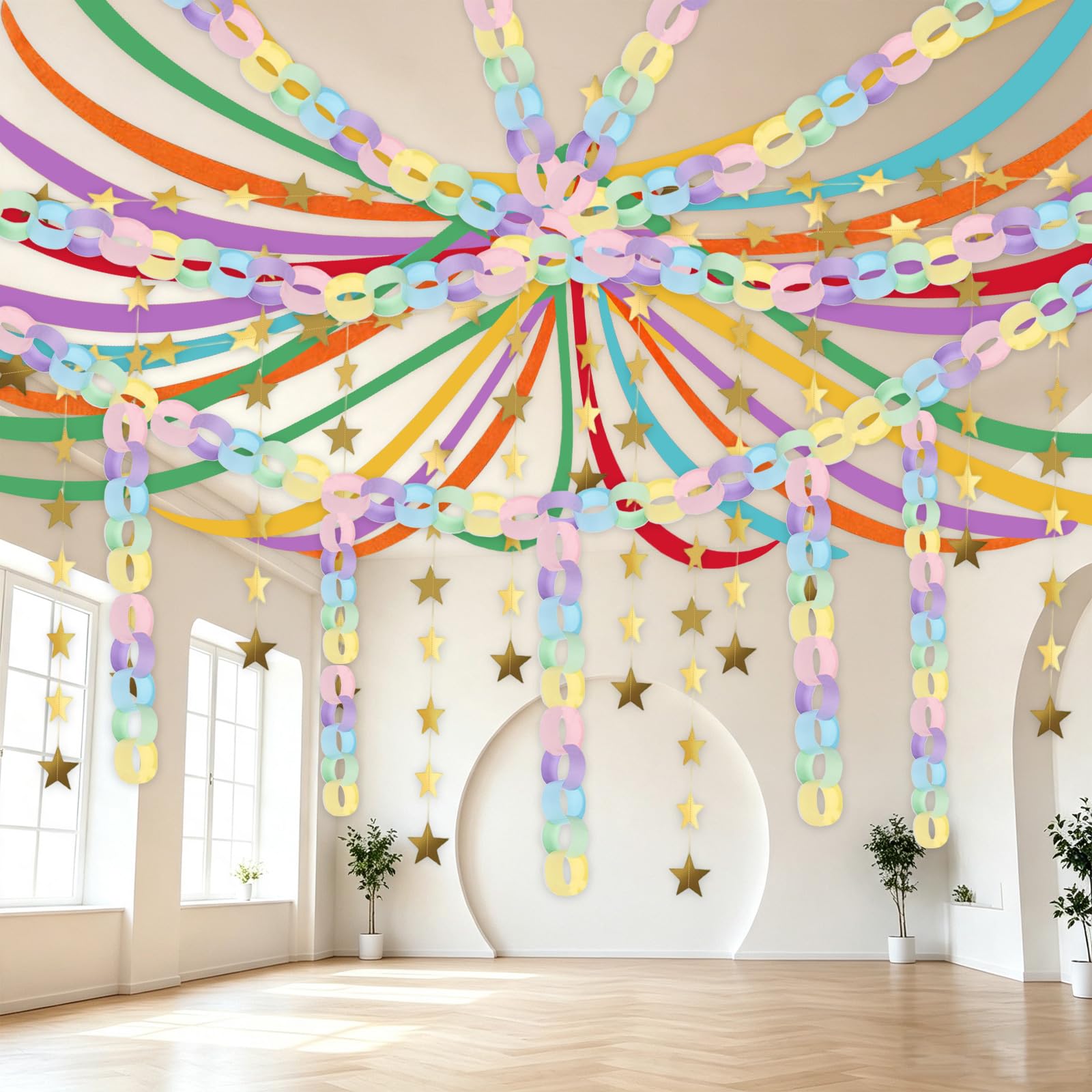 Pastel Birthday Party Decorations,Paper Chains Strips Birthday Party Decorations,Crepe Paper Streamers,300 Sheets Paper Chain Strips,52ft Gold Star Garland for Party DIY Crafts Hanging Decor Supplies
