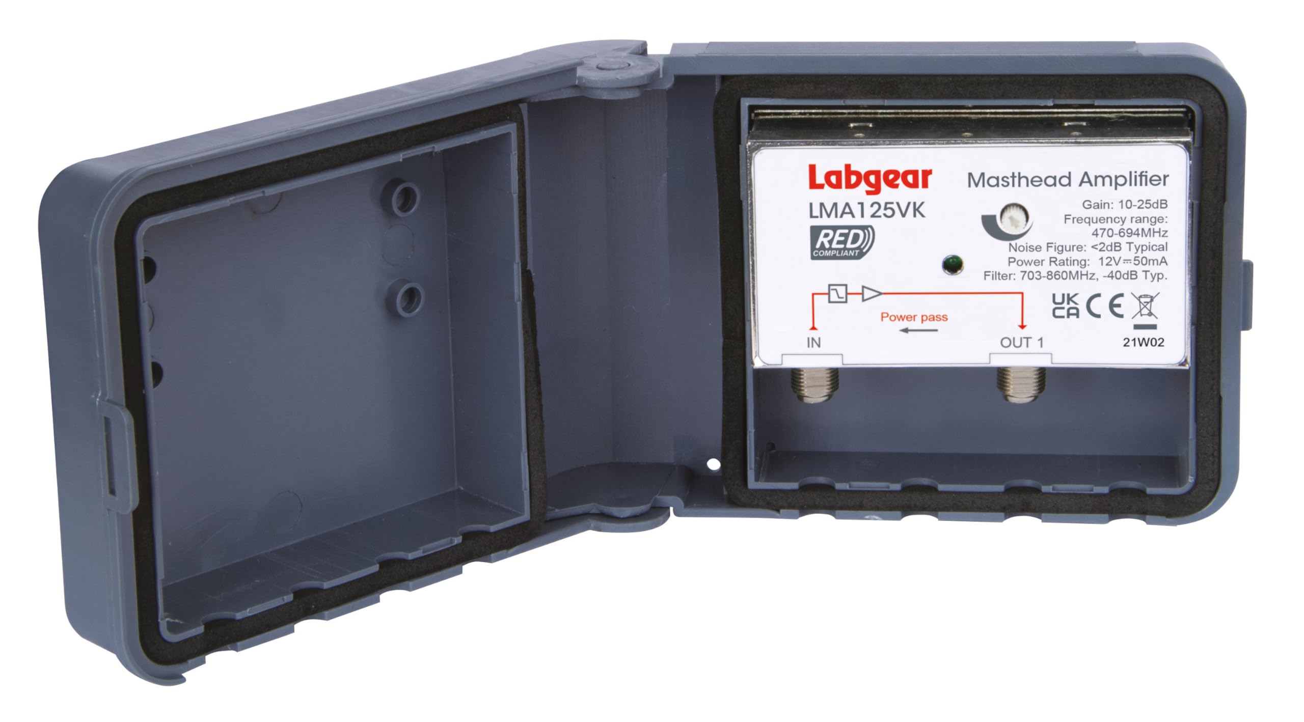 Labgear Red Masthead Amplifier With 4G/5G Filtering, 1 Input, 1 Output, 10-25Db, Compliant