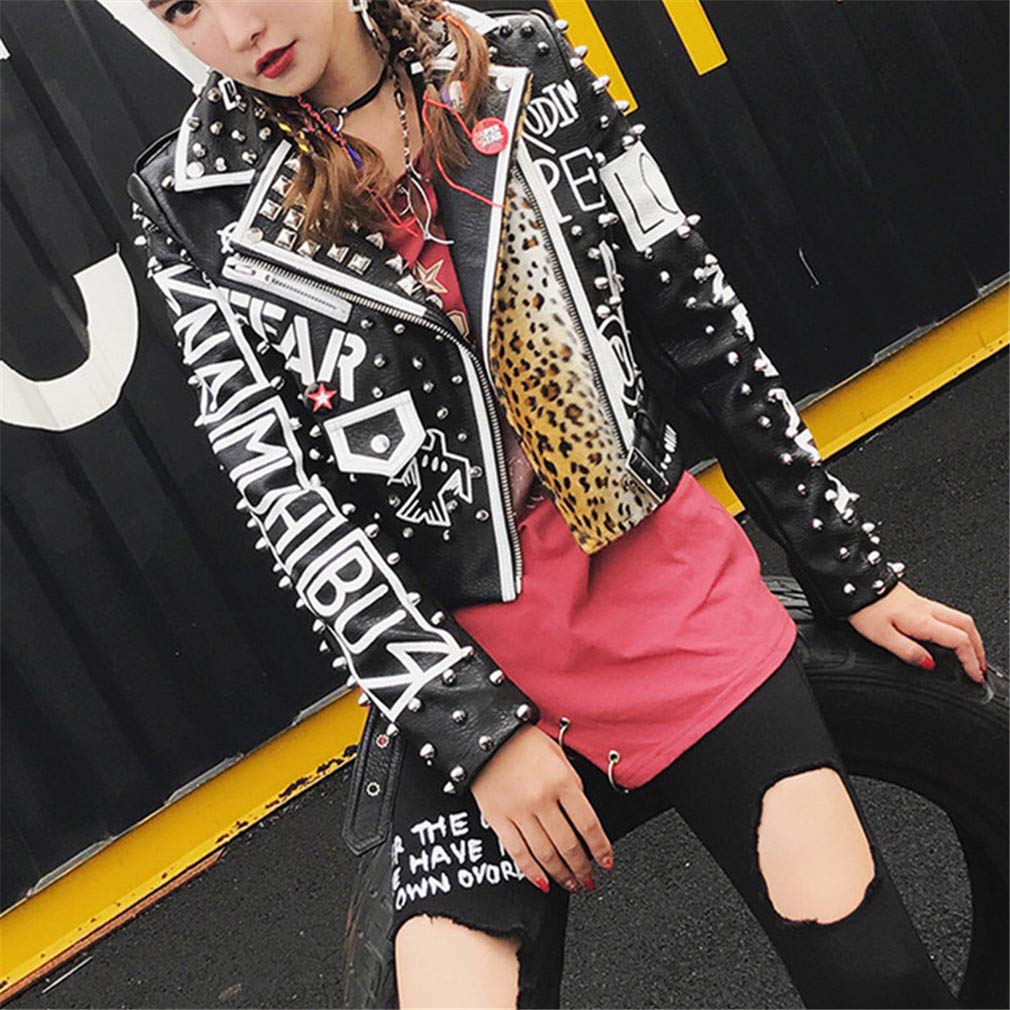 Sijux Women's Punk Rivet Leopard Jacket Rivet Faux Leather Long