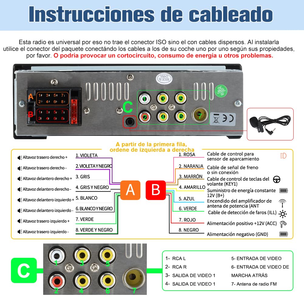 Radio de Coche 1 DIN Universal con Carplay y Android Auto Inalámbrico,Autoradio 1 DIN con Pantalla Táctil de 6.36 Pulgadas y Cámara Trasera, Admite Bluetooth/Mandos Volante/FM/USB/TF