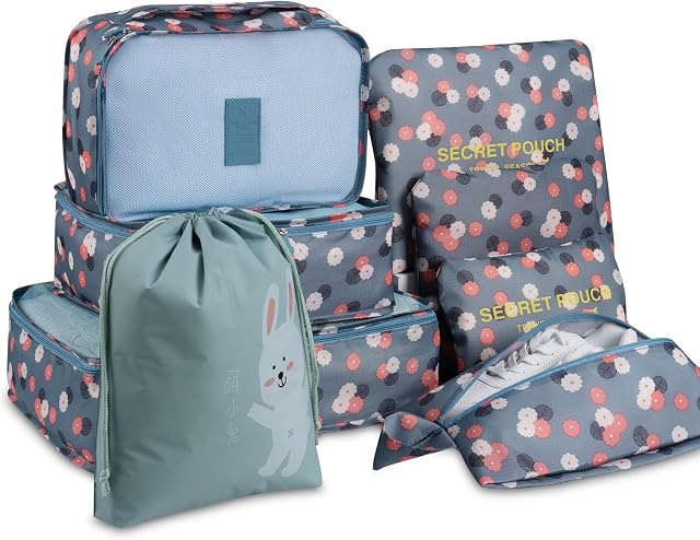 DoGeek Travel Organiser, Travel Essentials Bag 8pcs Packing Cubes for Travel Waterproof Polyester Storage Luggage Travel Storage Bags Clothes Suitcase (Gray) (8 Pcs Blue Daisy)