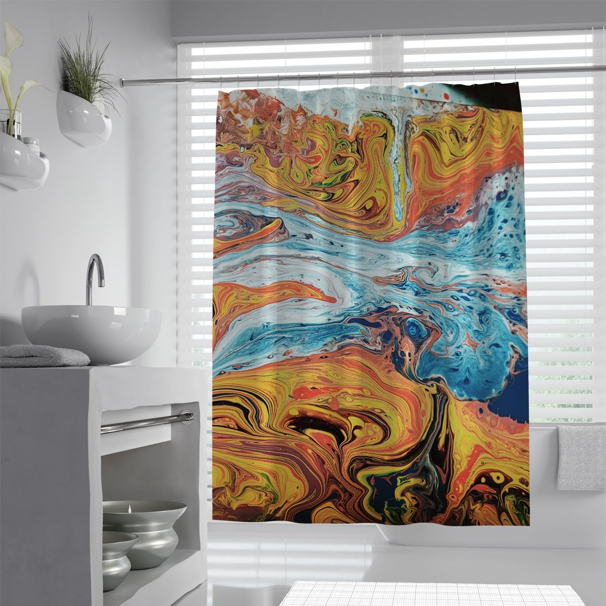 UIRINGART Psychedelic Bathroom Curtains W200xL200cm Yellow Blue Orange Fluid Flow River Waves Pattern with Rustproof Grommets Home and Hotel Bathroom Decor Set
