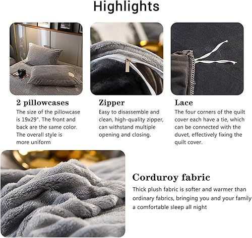 Miniatura 3 de ZIYUER Juego de ropa de cama Queen de pana, funda de edredón ultrasuave con 2 fundas de almohada, fundas de edredón tamaño matrimonial para cama