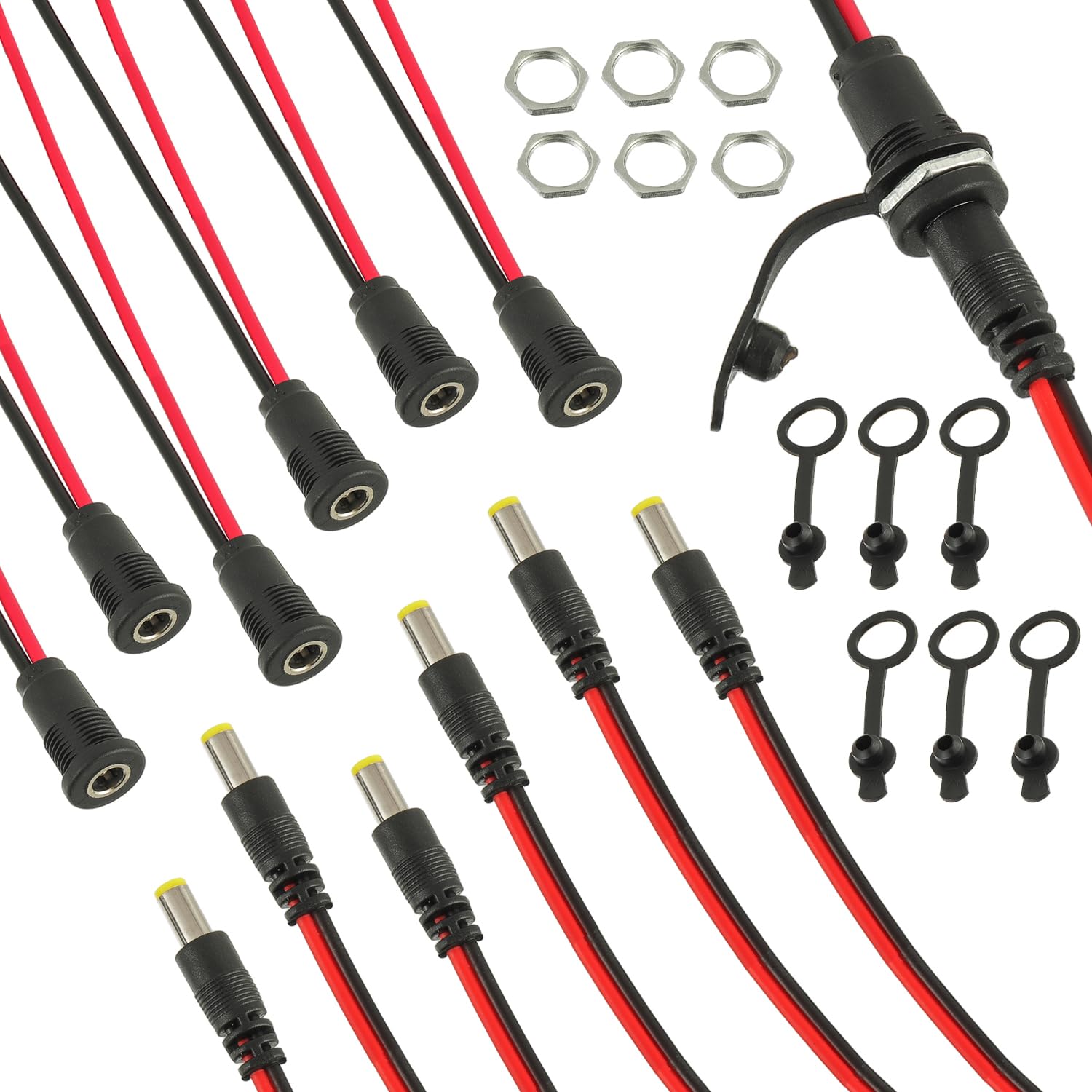 HUAREW 6 Pcs 5.5 x 2.1mm DC Power Jack Threaded Female Panel Mount Barrel Connector Adapter Kit with Waterproof Cover Cap