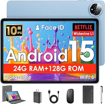 Tablets Clearance 2026, Mini Laptop with Keyboard, Cheap Laptop Small 2 in 1 Android Tablet, 10 Inch 24GB RAM+128GB ROM, Octa-Core 6000mAh 1280x800 IPS HD, 5G WiFi with Case Mouse Stylus Blue