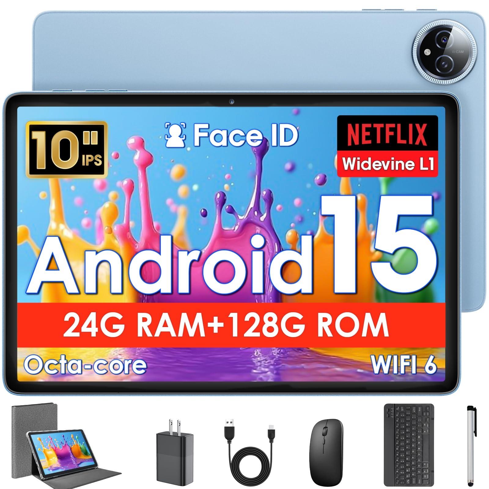 Android 15 Tablet, 10 inch Tablette with Keyboard Mouse Stylus, 24