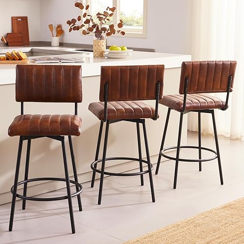 Miniatura 6 de Taburete de bar giratorio de altura de mostrador con respaldo, taburete tapizado de 26 pulgadas con marco de metal, respaldo de asiento de canal,