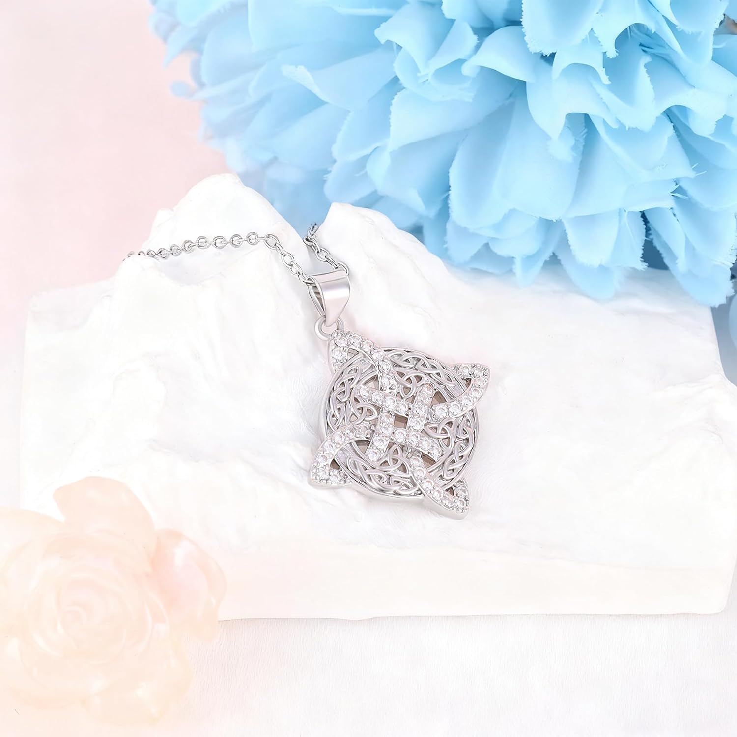 Celtic Knot Necklace S925 Sterling Silver Cubic Zirconia Vintage Irish Witches Knot Pendant Necklace Witchy Nudo de Bruja Plata Irish Wiccan Cross Jewelry Gift for Women Men Christmas Birthday - Image 3