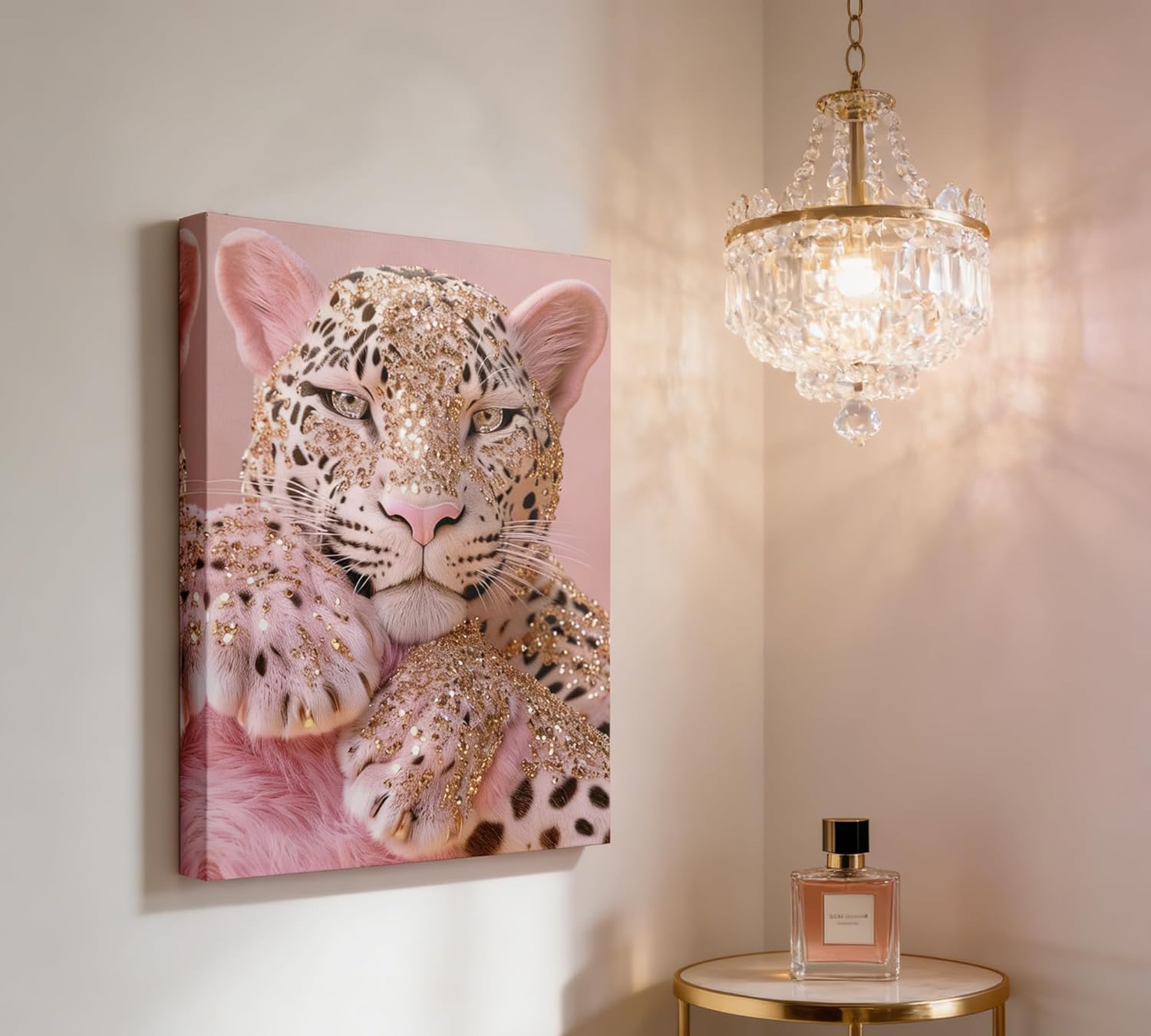 Pink Leopard with Gold Glitter Canvas Wall Art - 16x24 Inches Framed Wall Decor for Bedroom, Living Room, Bathroom - Modern Glam Animal Print Artwork for Home Decoration
