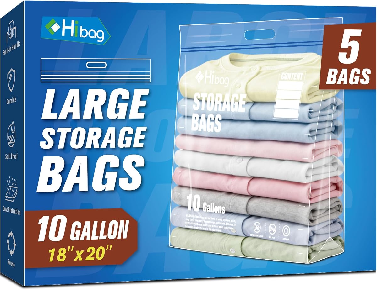 10 Gallon Zipper Storage Bags, Extra Large XL Zip Bags | 18” x 20”, Handled, Waterproof, for Clothes, Extra Thick, Clear Plastic, Double Zipper, Dual Lock