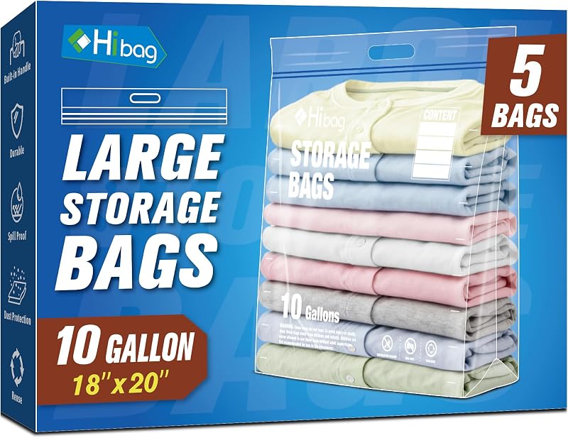 10 Gallon Zipper Storage Bags, Extra Large XL Zip Bags | 18” x 20”, Handled, Waterproof, for Clothes, Extra Thick, Clear Plastic, Double Zipper, Dual Lock