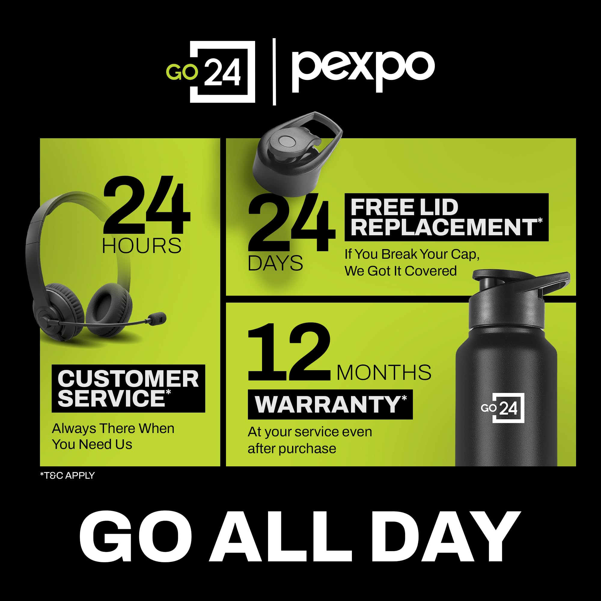 Go24 pexpo Stainless Steel Water Bottle Chromo Knight Black 950ml 1