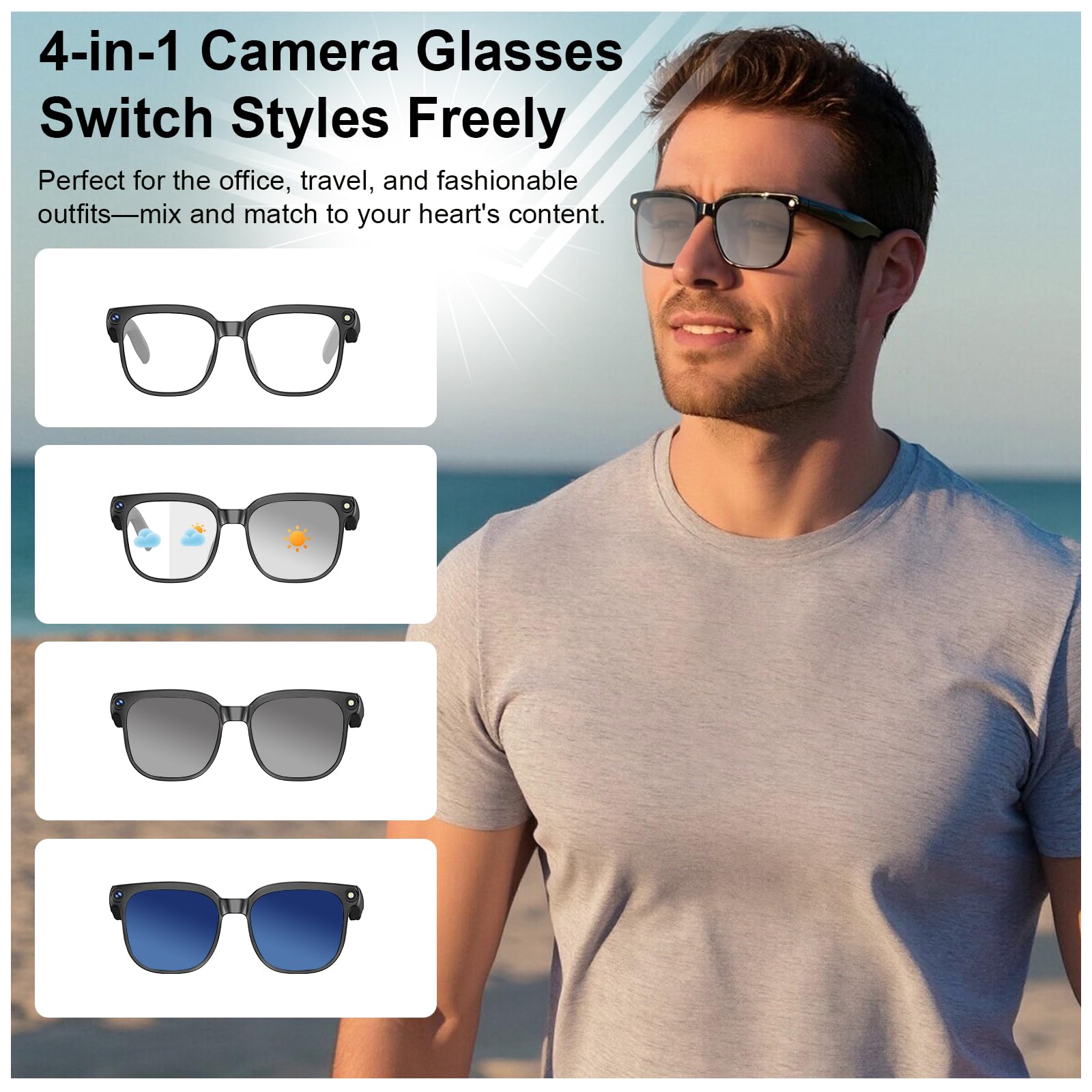 2026 AI Smart Glasses 4K HD-Kamera, 1200P Camera Brille mit Videoaufzeichnung, Simultanübersetzung/GPT-Objektidentifizierung, Photochromic Lenses, Inklusive 3600-mAh-Ladecase
