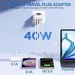 Adaptateur de prise de voyage européenne, 40W 4 Port USB C Chargeur européen PD 20W QC 3.0 Europe USB C Bloc chargeur US à l'adaptateur de prise Europe pour iPhone 16 15 14 13 12 11 Plus Pro Max XS X 8, Galaxy, Android