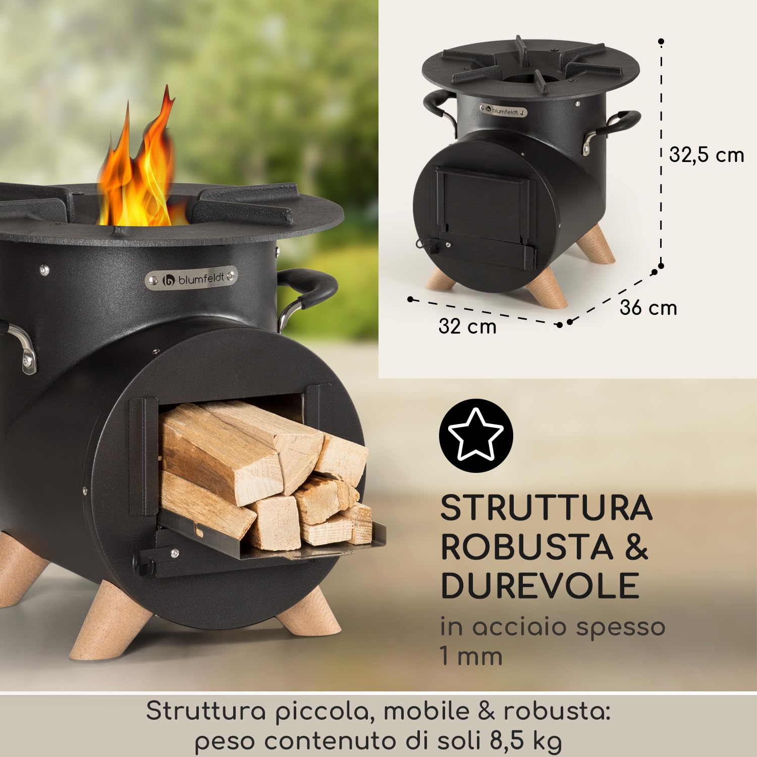 blumfeldt Braciere da Giardino Esterno, Braciere da Esterno Portatile, Braciere da Giardino con Griglia, Posacenere e Attizzatoio, Bracere Esterno Legna, Griglia Barbecue da Campeggio con Base Legno