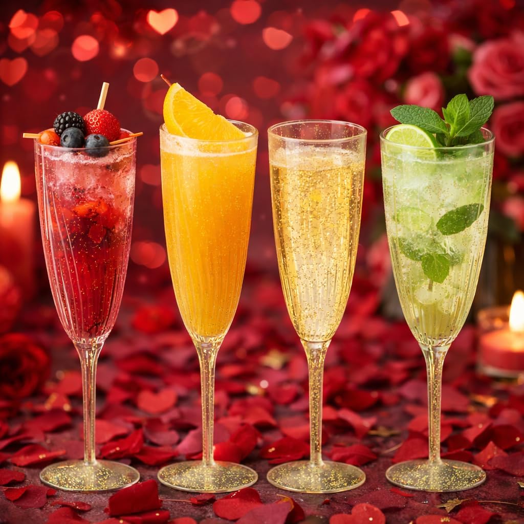 Oojami 24 Plastic Champagne Flutes 6 Oz Gold Glitter Disposable, Hard Clear Toasting Glasses for Wedding Party - BPA-Free - Image 8