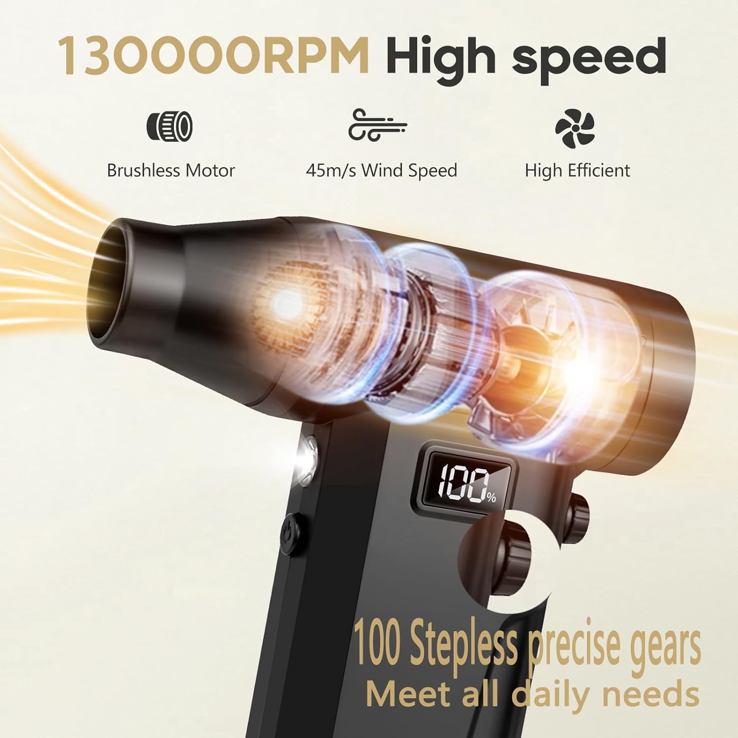 Compressed Air Duster, 130000RPM 100 Gear Speed Adjustable Electric Air Blower, Brushless Motor Cordless Air Duster with Type-C Fast Charging, for Keyboard, Computer, Car, Home, Outdoor Cleaning,Pet - Image 3