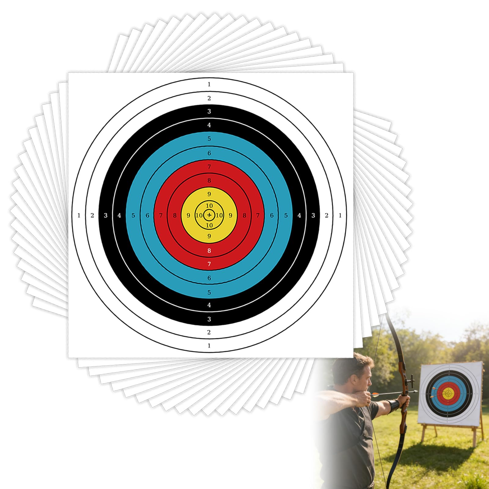 Lot de 20 disques Archery Target Face : 60 × 60 cm 10 anneaux Archery Target Paper, Accessoires de tir à l'arc Impression couleur Archery Pads, disques en papier pour entraînement de tir et