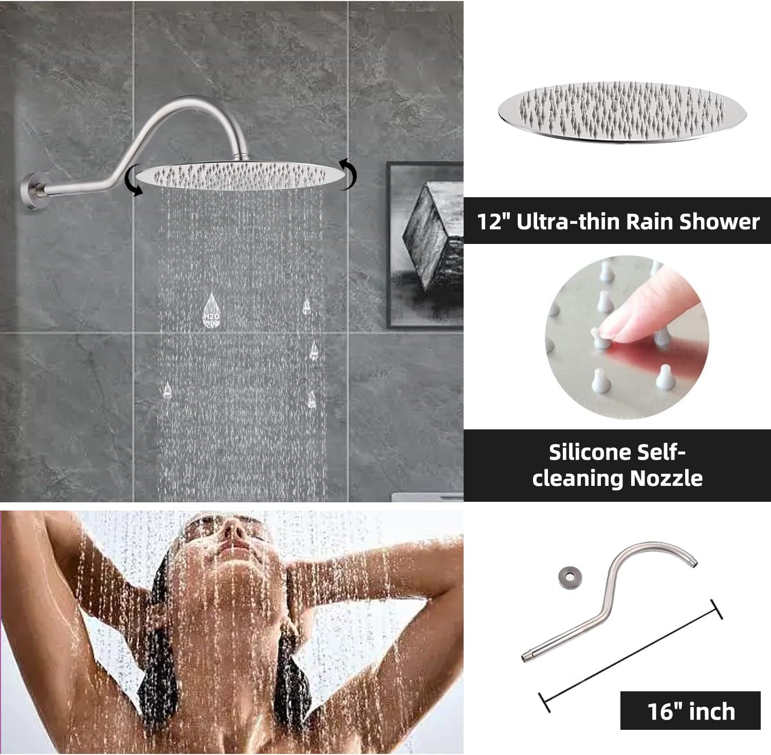 All Metal Thermostatic Shower System: Complete Wall Mount Rain Shower Head, Handheld Spray, and Tub Spout Faucet Set in Brushed Nickel