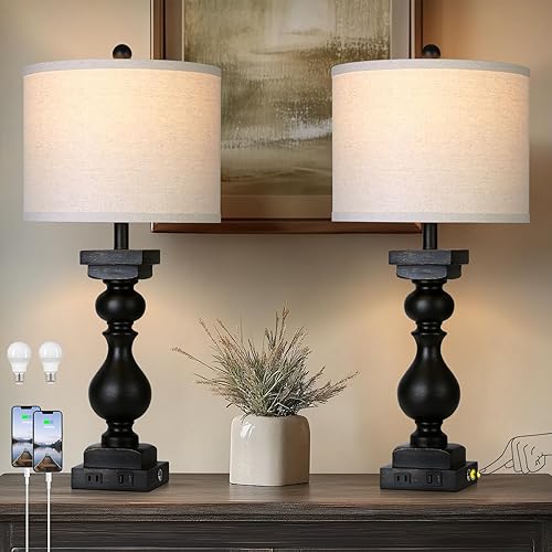 Juego de 2 lámparas de mesa de granja de 28 pulgadas de alto con puertos USB C+A y salida de CA, lámparas de noche rústicas altas táctiles de 3 vías