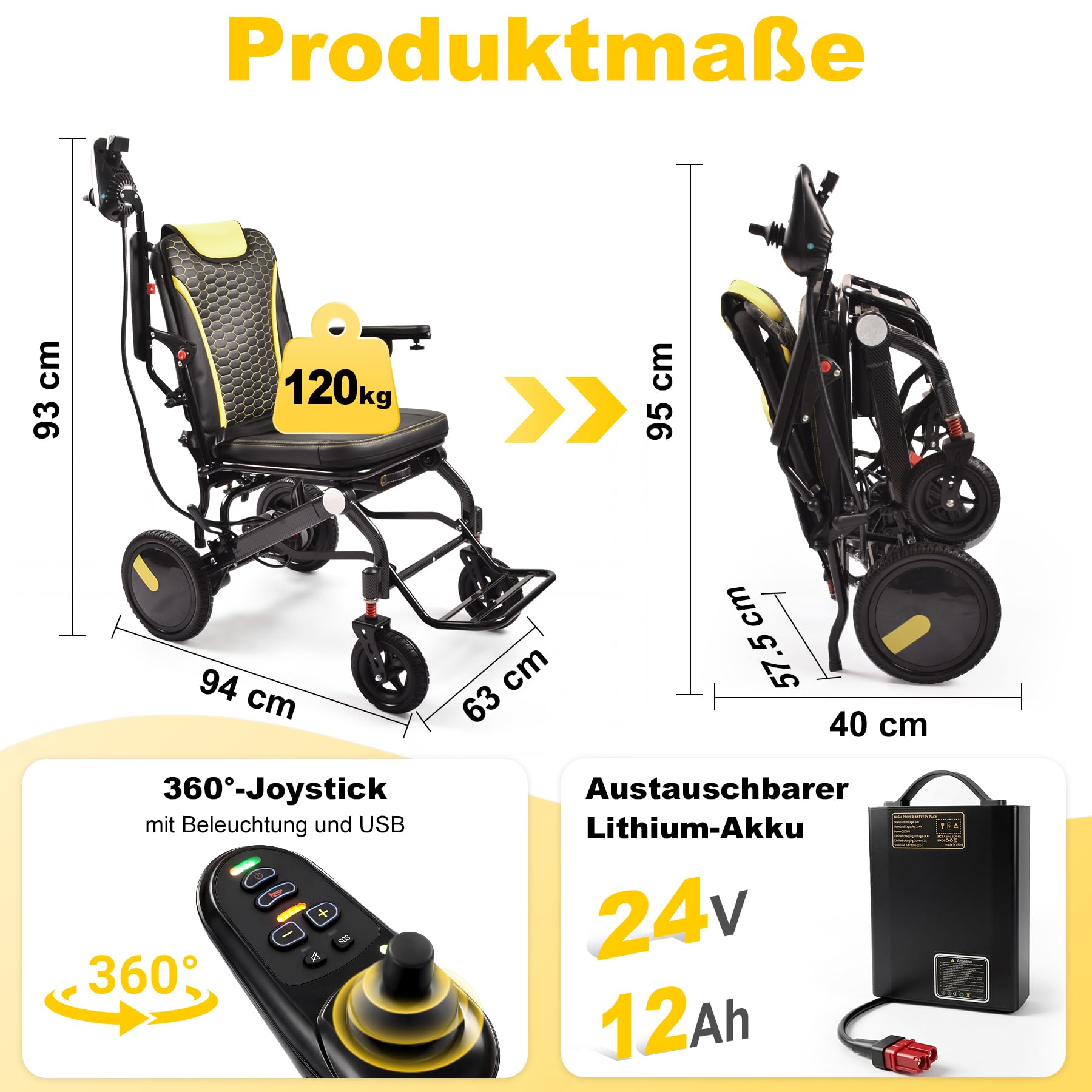 Elektrischer Rollstuhl Faltbar und Leicht, 28 km Reichweite | Intelligente Bremse, Ergonomisch, Kompakt, Flugtauglich