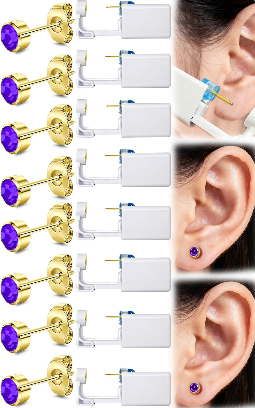Get the Perfect Ear Piercing with 24 Pcs Premium Ear Piercing Kit - Includes 8 Purple CZ Stones Earrings and 8 Easy-to-Use Self Ear Piercing Gun - Safe and Painless