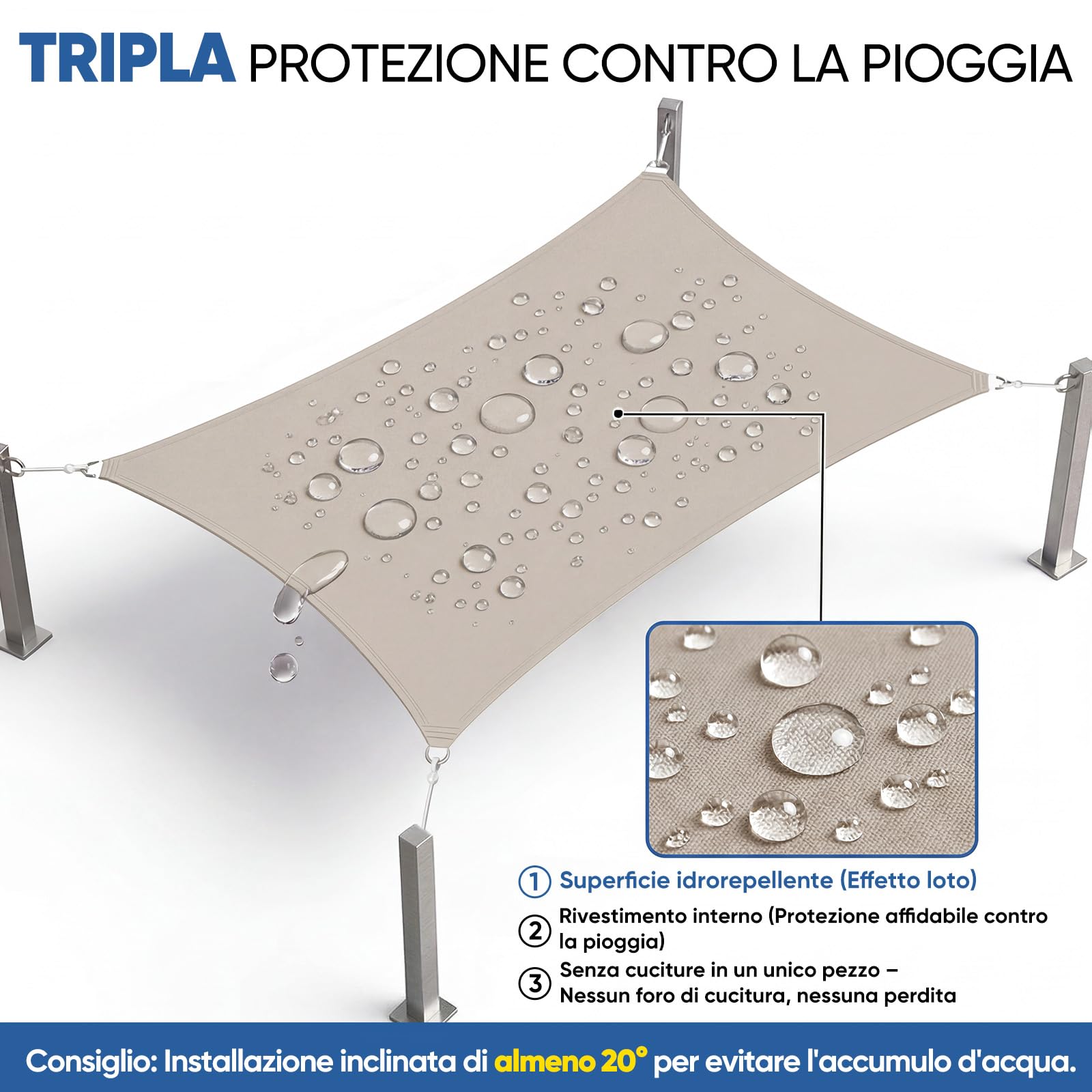 Sunula Vela Ombreggiante Impermeabile 2x3m PES 160g/m² Effetto Lotus Protezione UV 95% Taupe