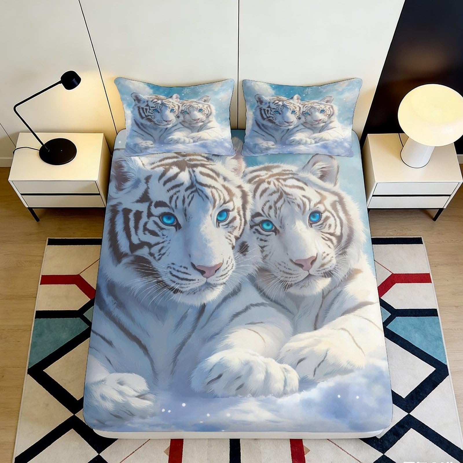 3D Printed White Tiger Animal Pattern Fitted Sheet Microfiber Soft Bed Cover for Bedroom Guest Room Dorm Mattress Protection 90x200x25cm