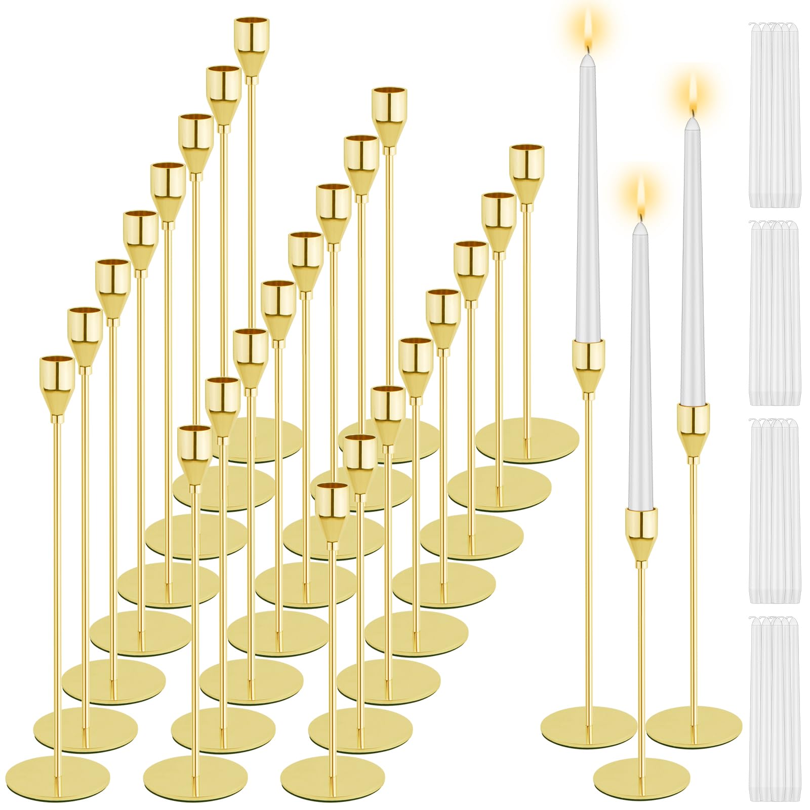 24 Gold Candle Holders Set Include 24 Pcs Gold Taper Candlestick Holders, 24 Pcs White Taper Candles, Candle Stick Holder Decor Taper Candle Holders for Wedding Dinning Party Anniversary
