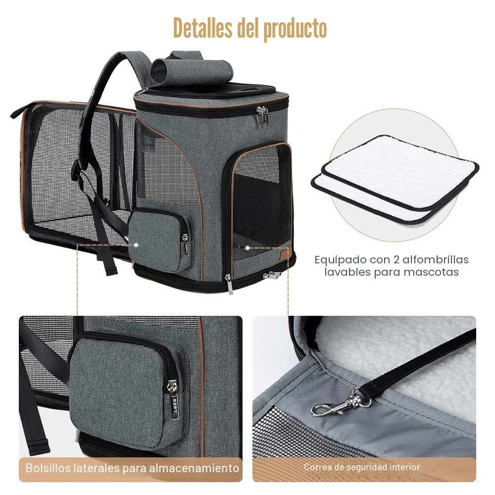 Lekesky Transportin Gato Mochilas para Gatos y Perro Bolsa para Mascotas Expandible Mochila Gato para Automóvil/Avión (Gris, M)