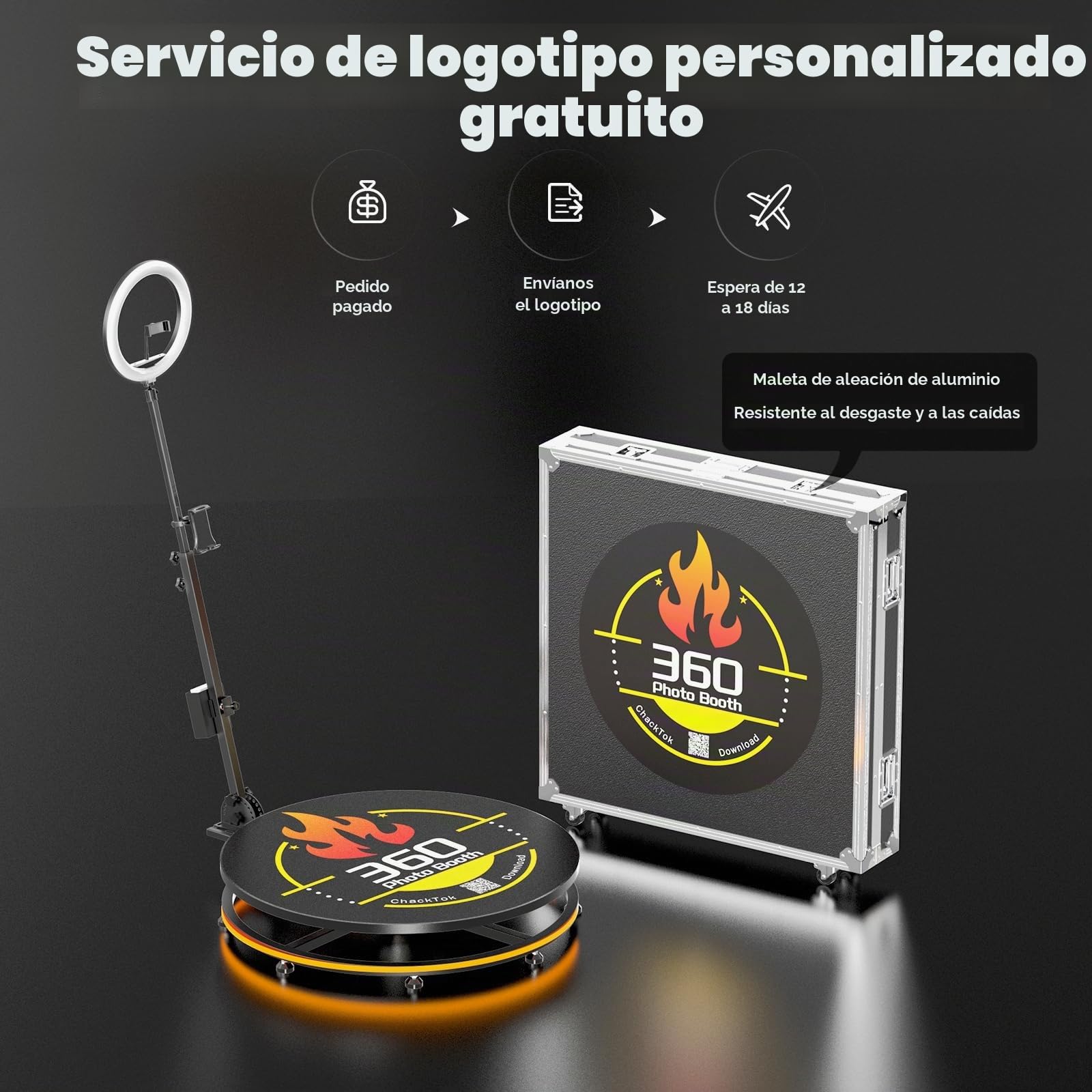 MWE 360 Photo Booth con Flightcase, Personalización del Logotipo, Software App Control, Rotación Automática de 360, para Que 4-5 Personas se Coloquen, Ideal para Fiestas, Bodas y Alquileres(100cm-CD)
