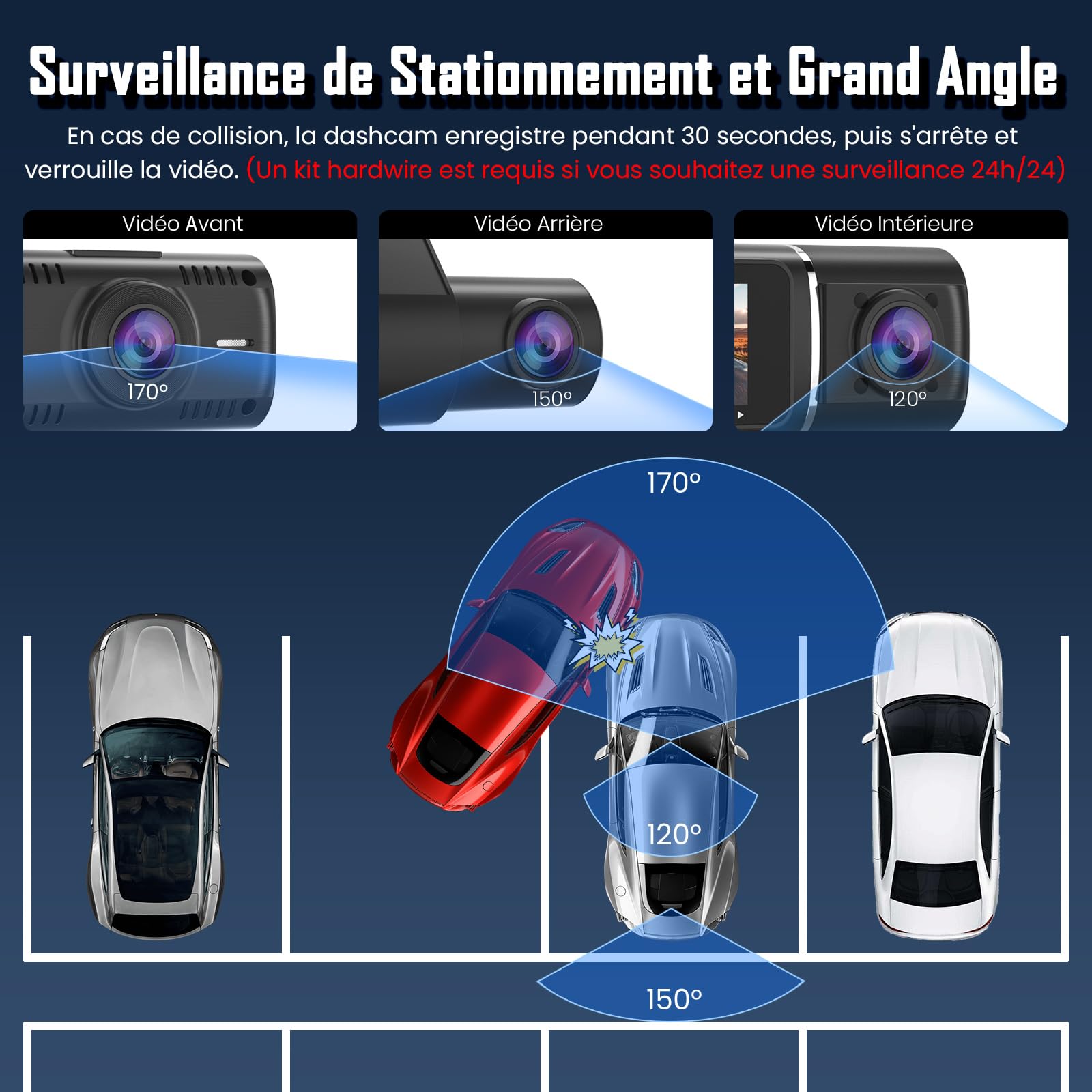Dashcam Voiture Avant Arrière, 4K+1080P Caméra Embarquée avec Carte SD 64G, 1,97'' Écran, Grand Angle 170°, Vision Nocturne, WDR, G-Capteur, Mode Stationnement 24H, Enregistrement en Boucle