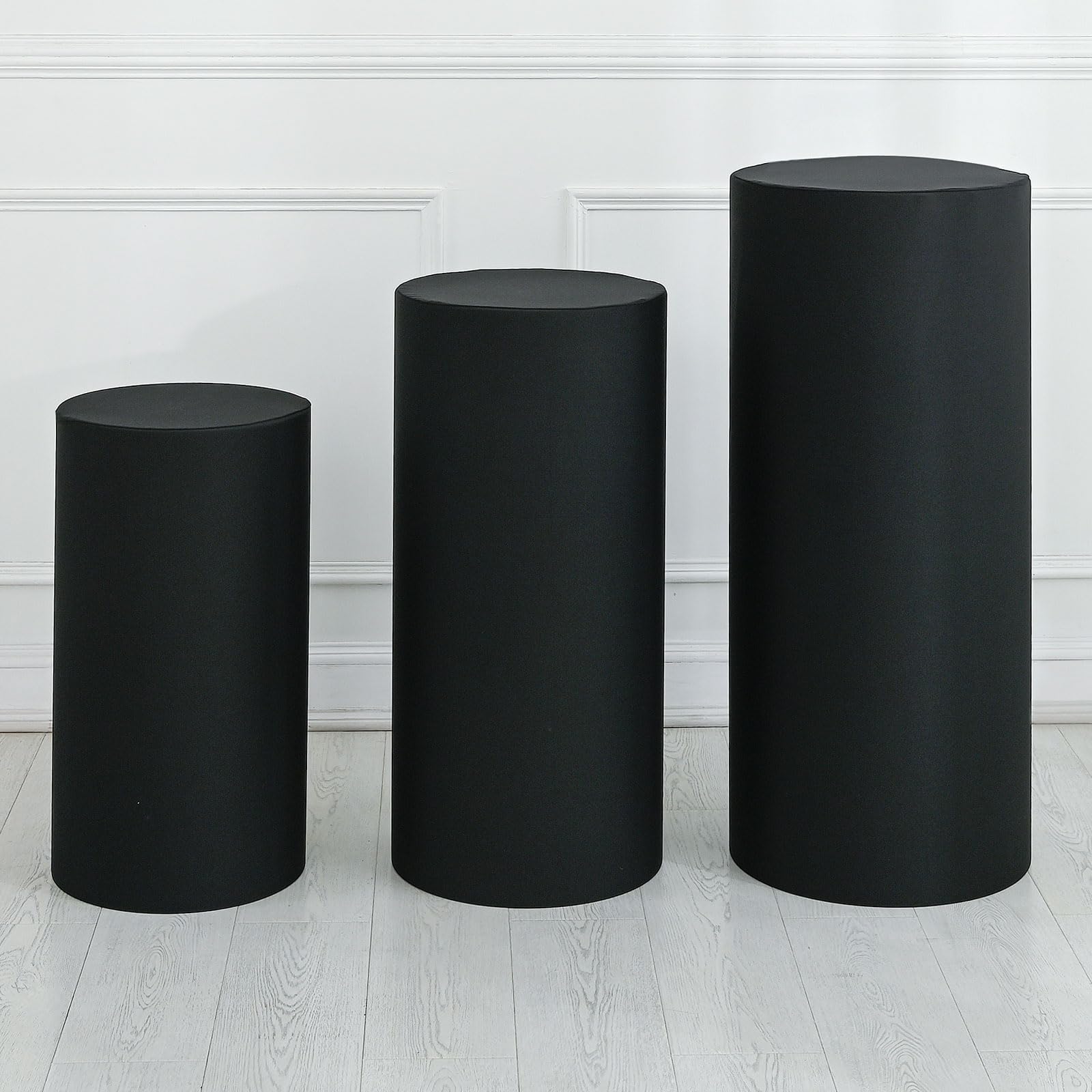 QUARKZMAN Set of 3 Housses pour Socles Cylindriques en Spandex Noir, Housse pour Socle pour Décoration de Mariage Anniversaire Fête, Contient uniquement (Tissu Élastique - Grand)