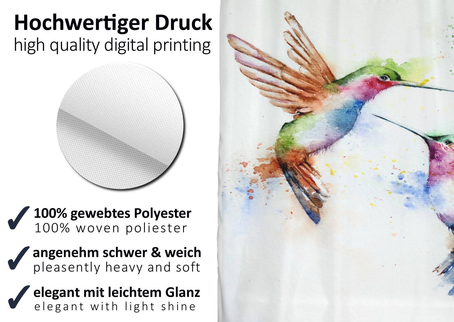 arteneur - Kolibri - Anti-Mould Shower Curtain 180 x 200 cm - Oeko-Tex Standard 100 - Weighted Hem, Opaque, Waterproof, Washable, 12 Rings - Image 2
