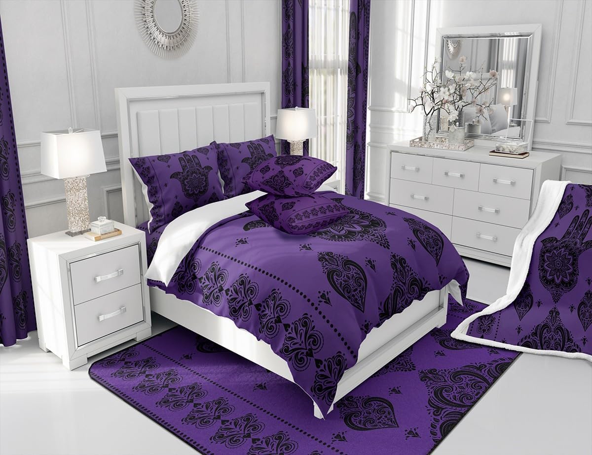 Boho Hamsa Hand Duvet Cover Set Queen,Mandala Damask Love Floral Bedding Set Kids Teens Girls Boys Room Decor,Gothic Vintage Pattern Comforter Cover Exotic Purple Black Quilt Cover,No Comforter