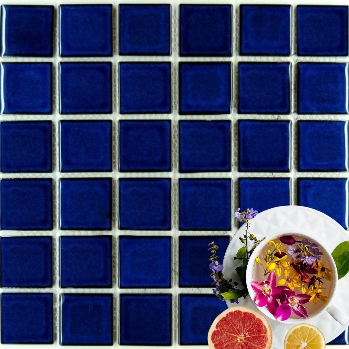 Premium Quality 2x2 Cobalt Blue Square Pattern Porcelain Mosaic Tile (Not Peel and Stick) for Kitchen Backsplash Pool Bathroom Wall Accent Wall((1 Sheet))