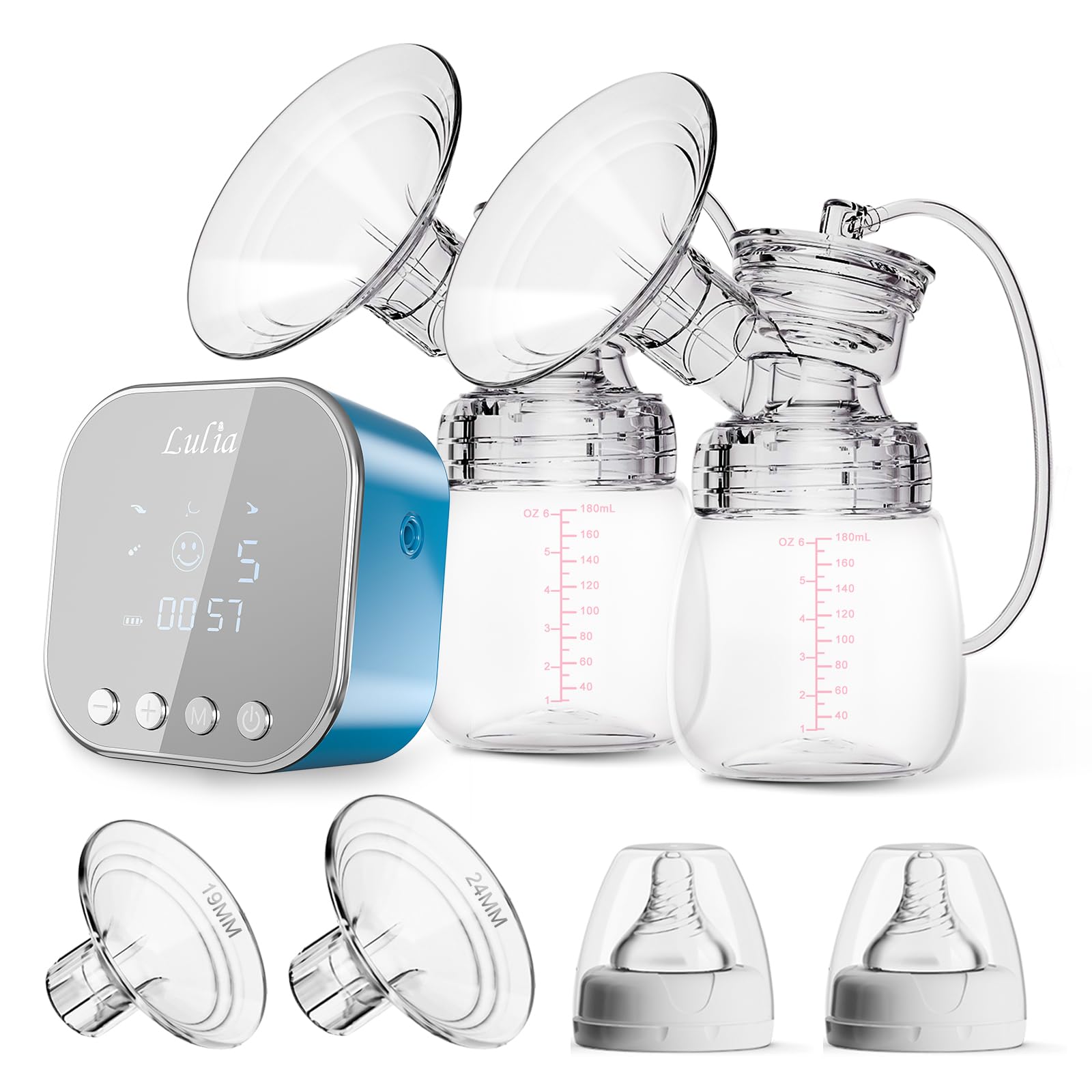 Double Electric Breast Pump Strong Suction, Portable Breast Pump Electric Breastfeeding Pump, Rechargeable Milk Pump with 4 Modes & 9 Levels, Low Noise, Anti-Backflow & LED Display, 24mm Flange, Blue