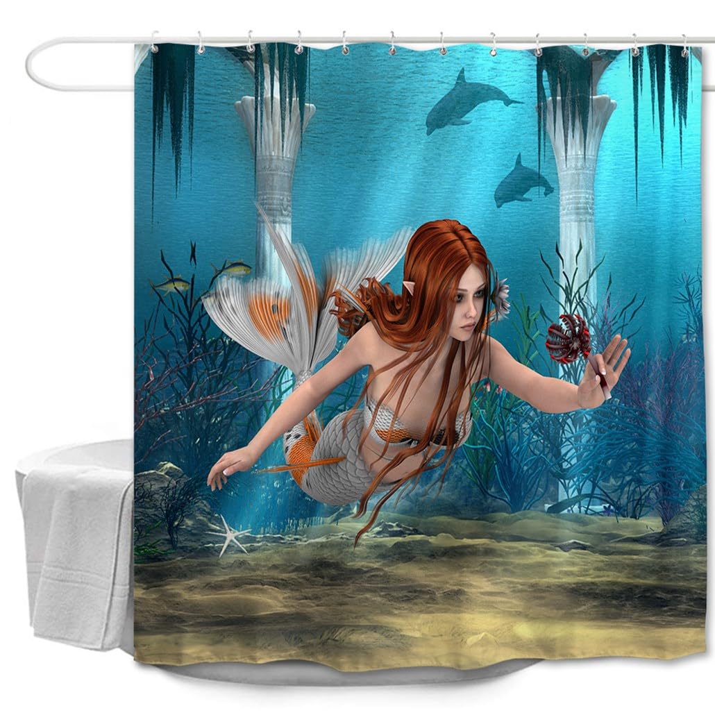 goodbath Mermaid Shower Curtain, Underwater Ocean Sea World Bathroom Shower Curtains with Hooks Waterproof Bath Curtain, 180 x 200 cm - Image 3