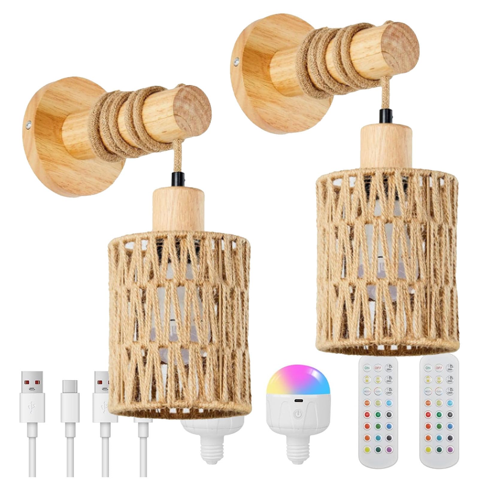 FZQSXAZU Remote Battery Operated Light Sconces Wall Decor Set of 2,Boho Sconces,Battery Rechargeable Rattan Wicker,Dimmable Wireless Lamp for Bedroom,Hallway,Entryway(Size:2pcs,Color:A)