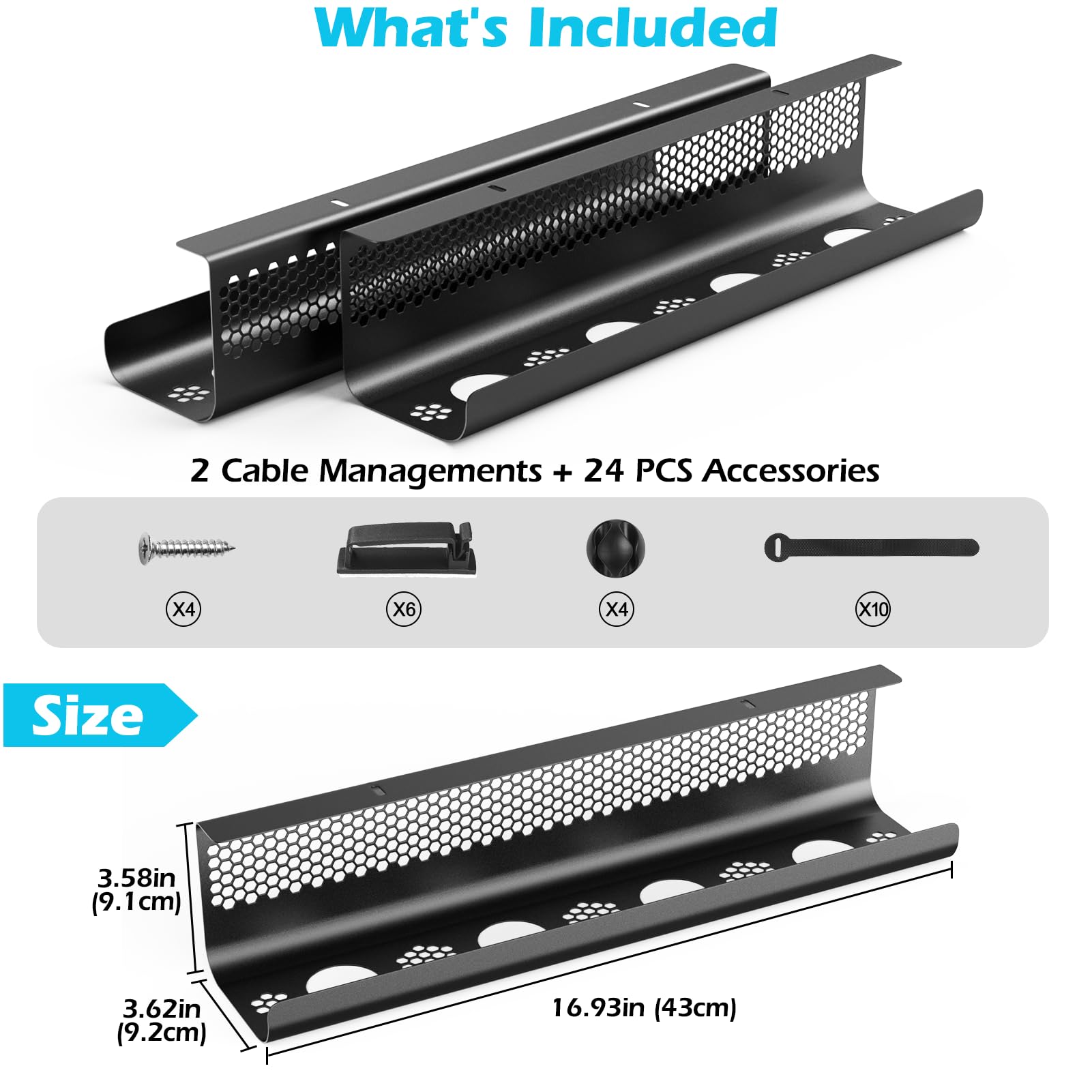 KHAMAL Organizador de cables debajo del escritorio, 26 piezas, kit de bandeja de gestión de cables, diseño hexagonal ventilado con clips de cables, bridas de alambre, soporte de cables y tornillos