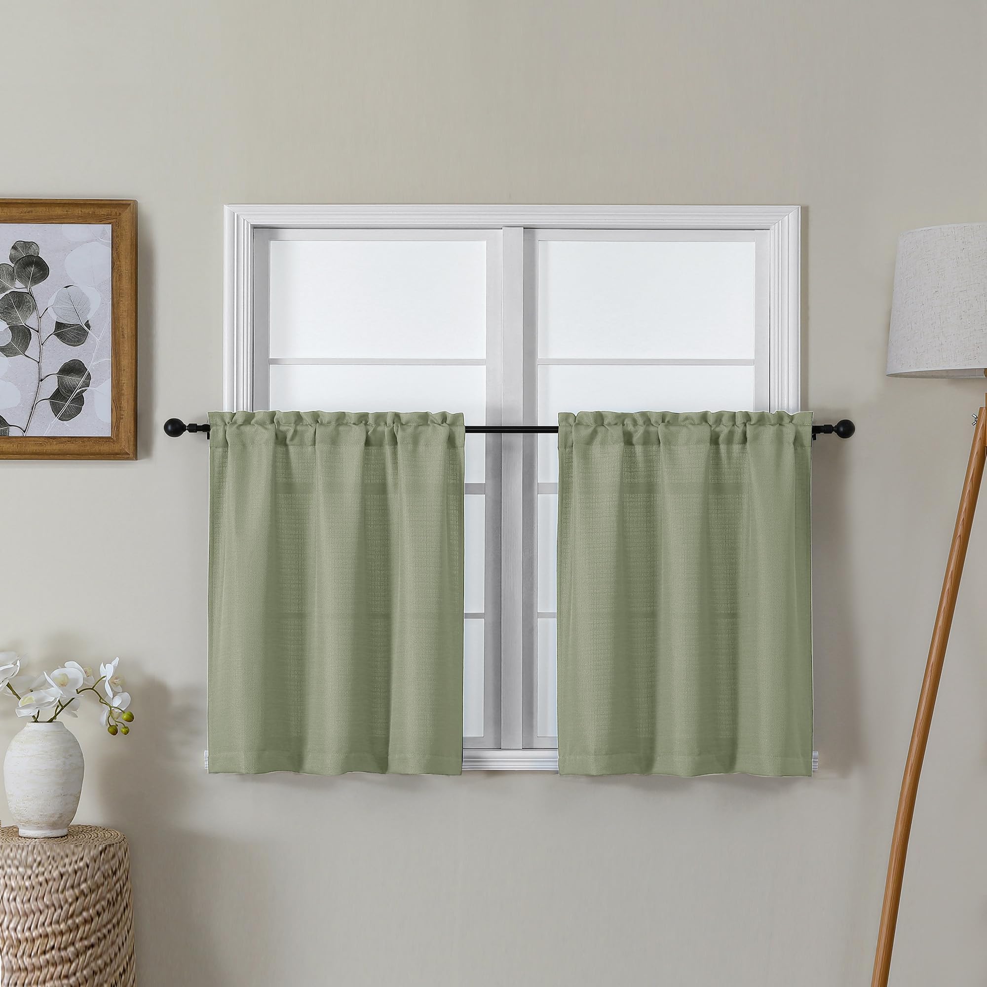 Lecloud Bessie Light Green Kitchen Curtains 24 Inch Length 2 Pcs, Faux Linen Textured Short Curtains for Small Windows, Light Filtering Tiers Window Treatments for Bedroom Bathroom, Each 30 W x 24 L โ image 1