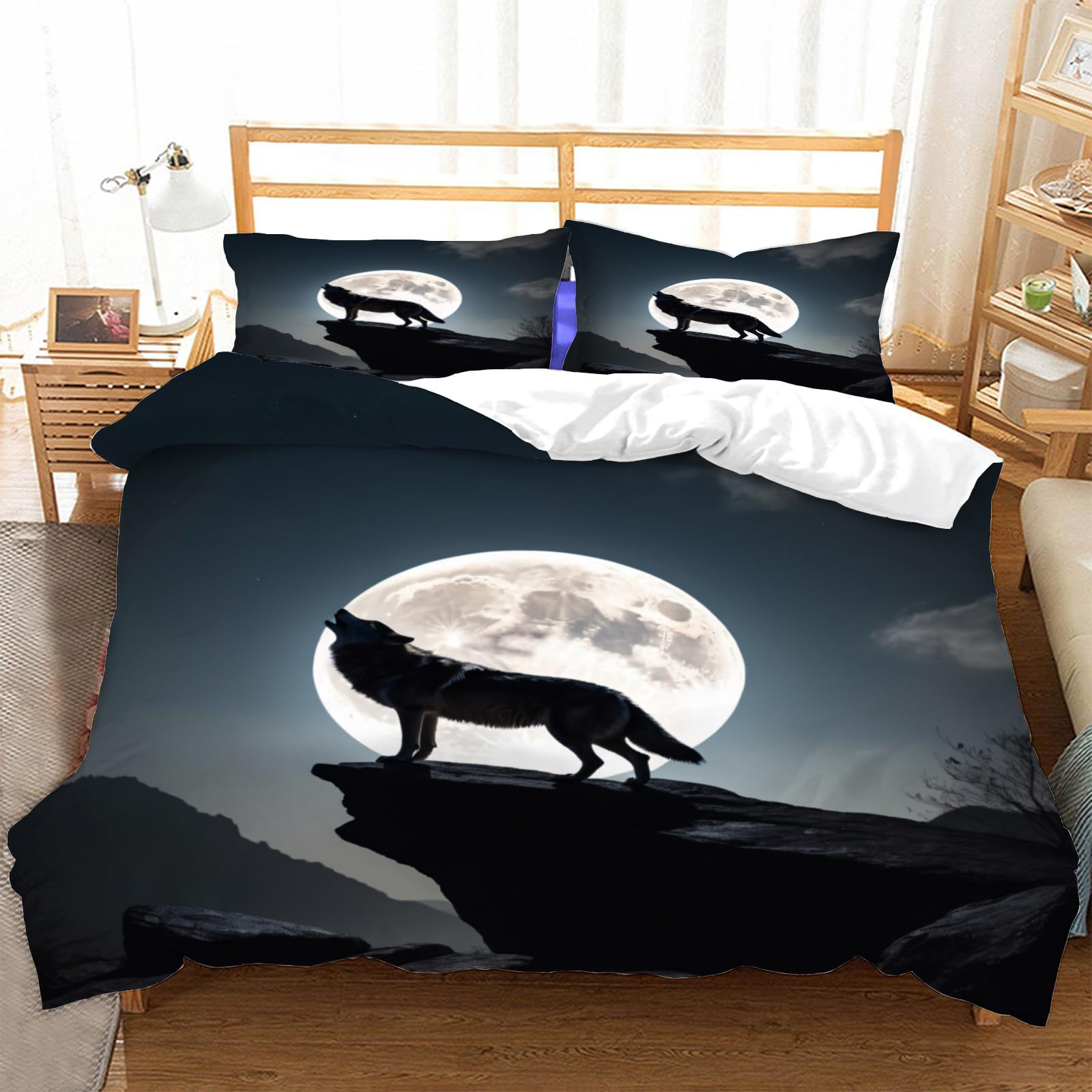Housse de couette 240x260 loup avec 2 taies d'oreiller en microfibre pour lit 2 personnes