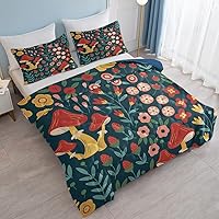 Vista 112 de SOULZZZ Juego de ropa de cama retro hippie tamaño matrimonial, edredón floral de hongos margaritas para niñas y mujeres, edredón negro con 2 fundas