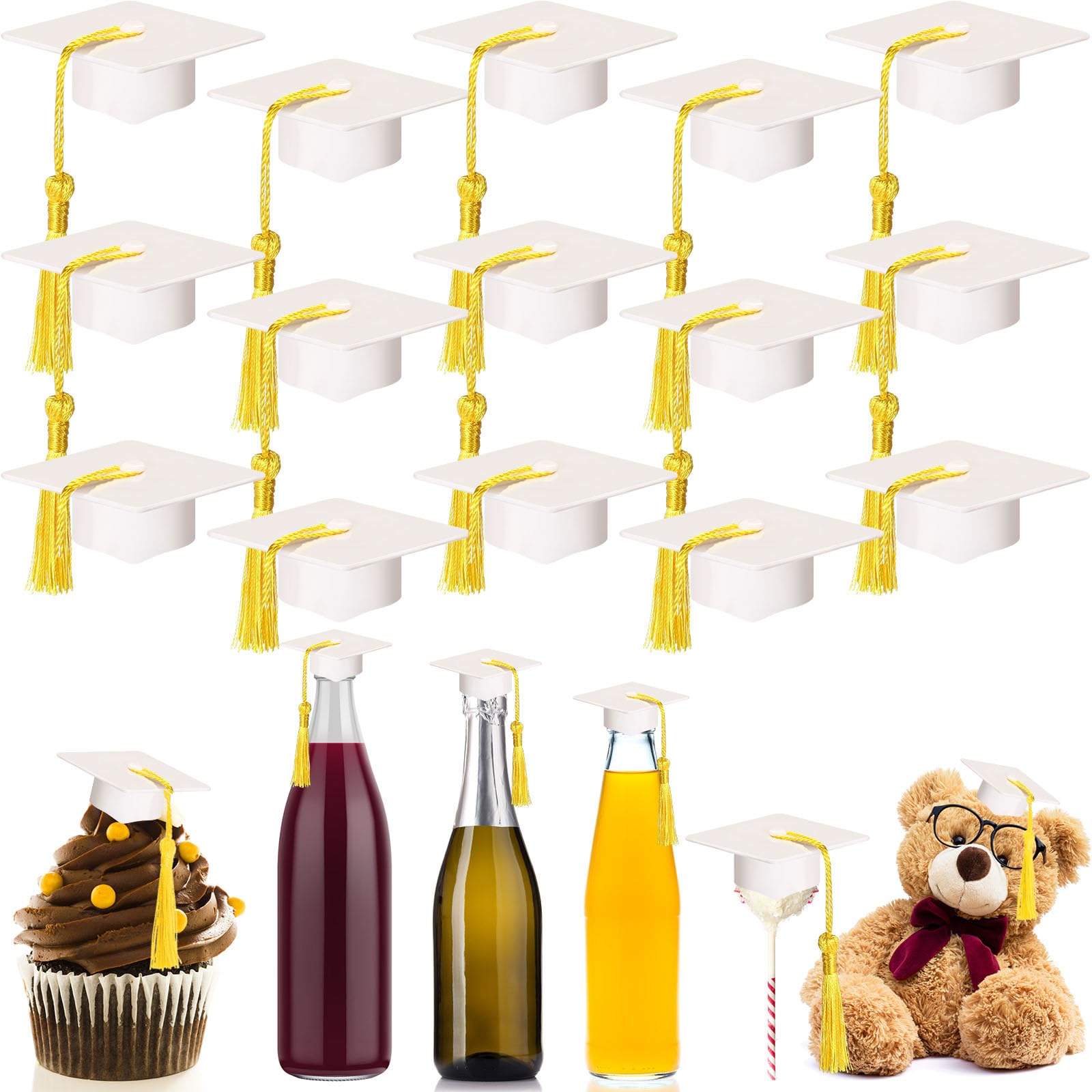 Qunclay 30 Pieces Mini Graduation Cap White Hats with Gold Tassels Plastic Grad Cake Pops Cover Toppers for Graduation Party Decorations