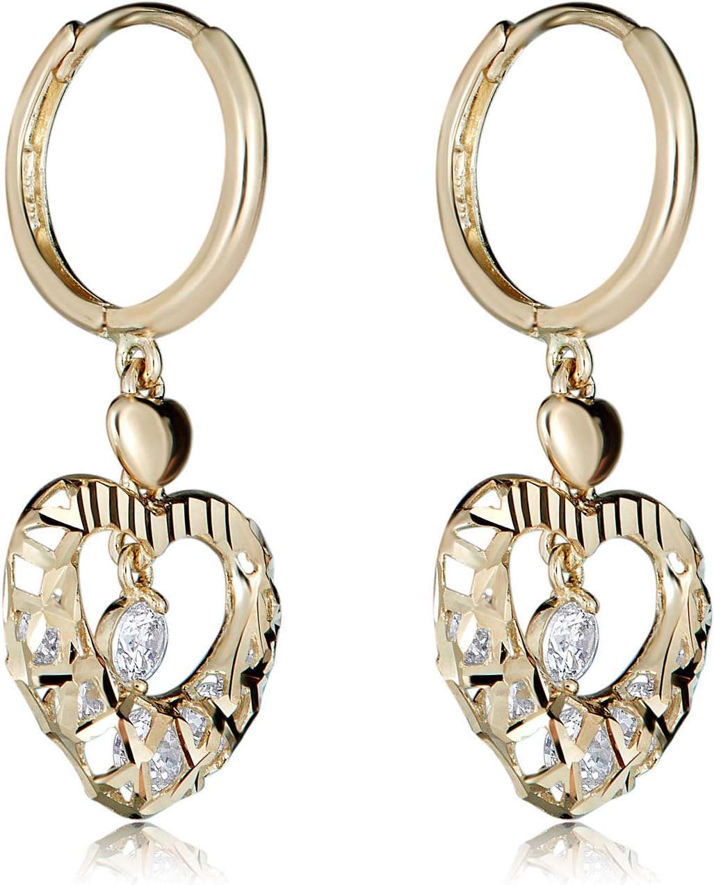 AVORA 14K Yellow Gold Dangling Simulated Diamond CZ Weave Heart Huggie Hoop Earrings