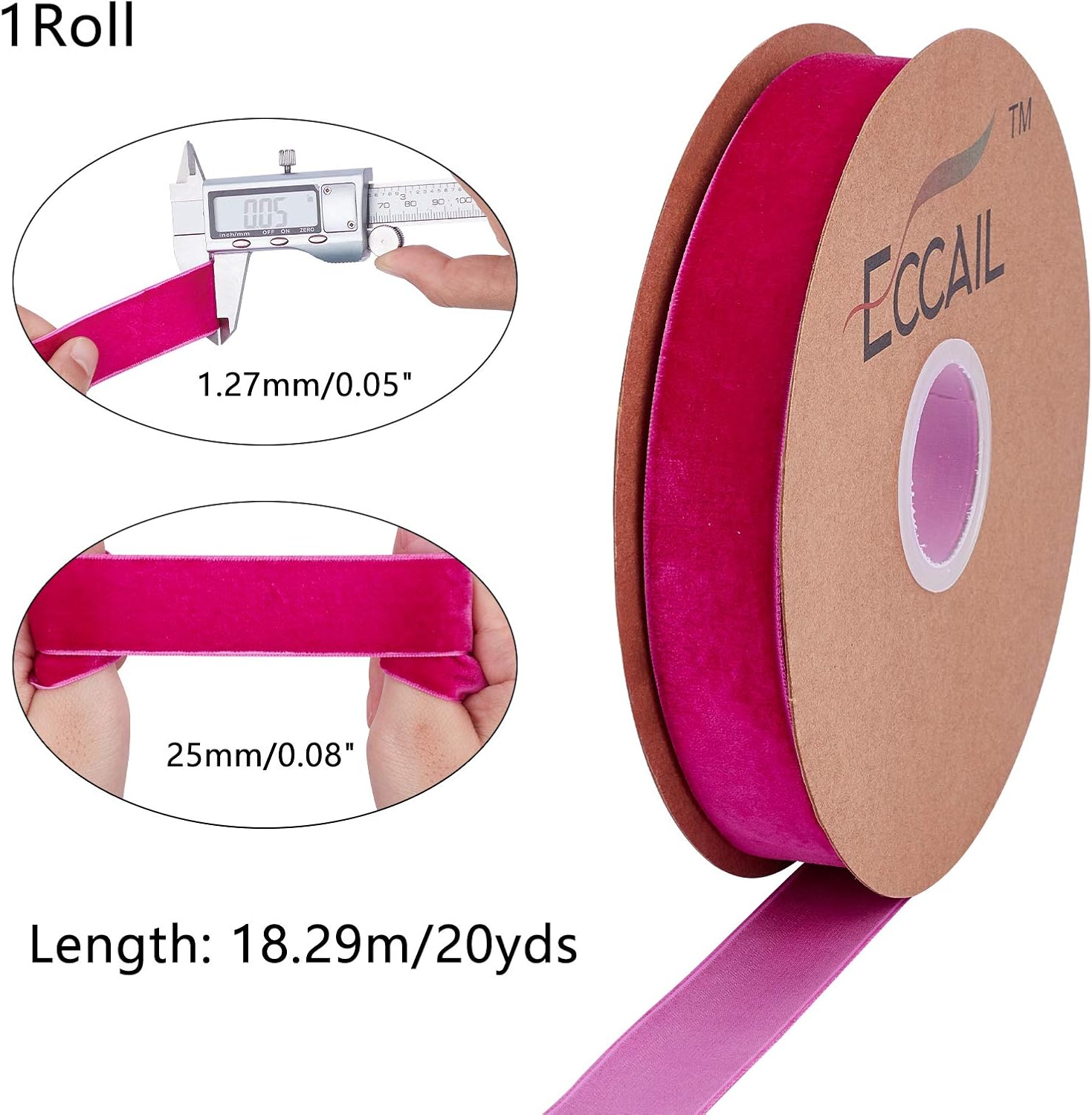 arricraft 20 Yards × 1 Inch Single Side Pink Velvet Ribbon, Satin Ribbon Roll for Christmas Wedding Gift Wrapping Velvet Fabric Hair Bows Flower Arranging Home Decorating (Pink)